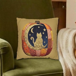 Funda de almohada acolchada de imitación con diseño de calabaza y gato otoñal / Almohada cuadrada de patchwork de cuadros con diseño de luna celestial