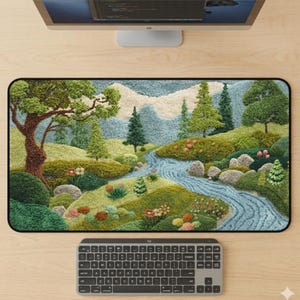 Può includere: Tappetino per scrivania rettangolare con una scena paesaggistica dettagliata con un fiume, alberi e colline. Il tappetino ha un bordo nero ed è su una scrivania di legno, con una tastiera e un monitor visibili.