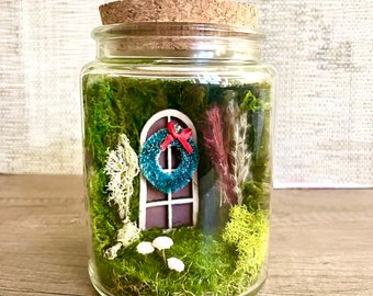 Moss Terrarium, Fairy Garden Art, Hobbit Decor, Miniature door, Christmas wreath, Magic Mushrooms, Plant Gift,