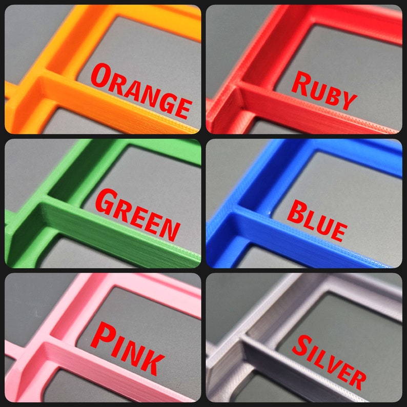 May include: Six plastic storage containers with different colored lids: orange, red, green, blue, pink, and gray. Each container has a label with the color name printed in red.