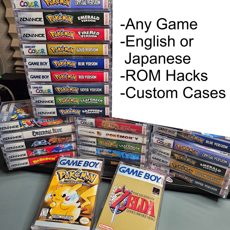 May include: A collection of vintage Game Boy and Game Boy Advance video game cartridges, including various Pokemon and Zelda titles. The cartridges are displayed in their original cases, with some featuring custom designs. The text "Any Game - English or Japanese - ROM Hacks - Custom Cases" is visible in the image.