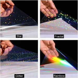 May include: Four sheets of iridescent holographic vinyl with different patterns: Star, Fractal, Glitter, and Rainbow. The vinyl is clear and has a rainbow sheen.