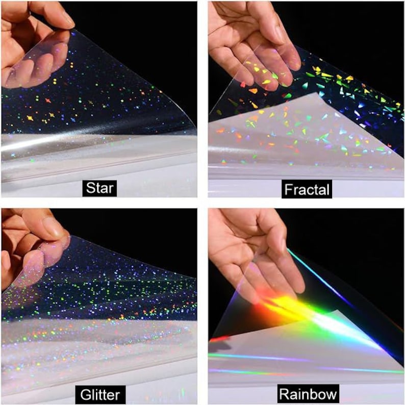 May include: Four sheets of iridescent holographic vinyl with different patterns: Star, Fractal, Glitter, and Rainbow. The vinyl is clear and has a rainbow sheen.