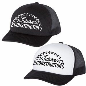 May include: Two trucker hats with a black mesh back. One hat is black with white text that says "Future Constructor" with a saw blade graphic. The other hat is white with black text that says "Future Constructor" with a saw blade graphic.