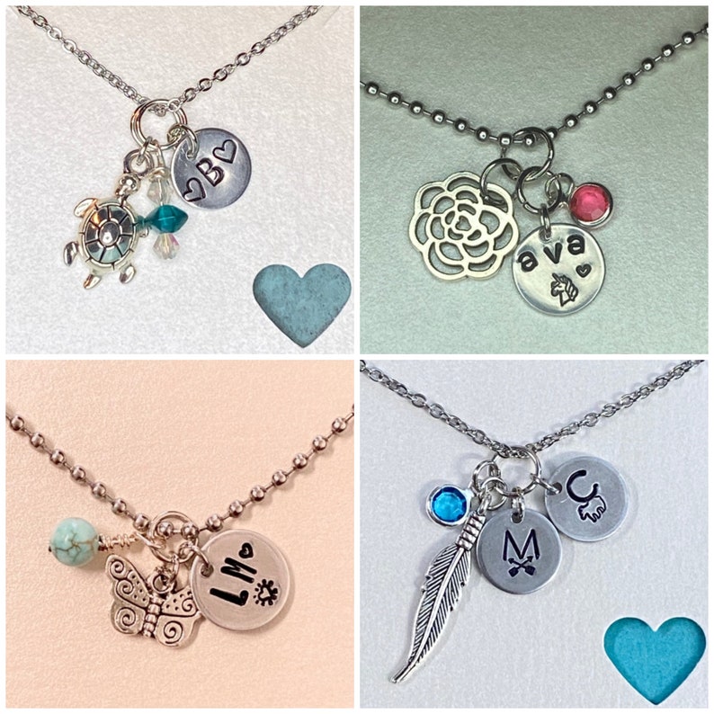 Birthstones Personalized Initial Monogram and Name Necklace with Beads Charms Silver Full Customization