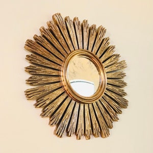 Bronze Gold Leaf Margeaux sunburst statement mirror, hand carved home wall decoration 21&quot; or 24&quot; w/regular mirror.