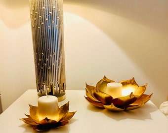 Gold leaf Lotus candle holders, table decor, pair, big or small.
