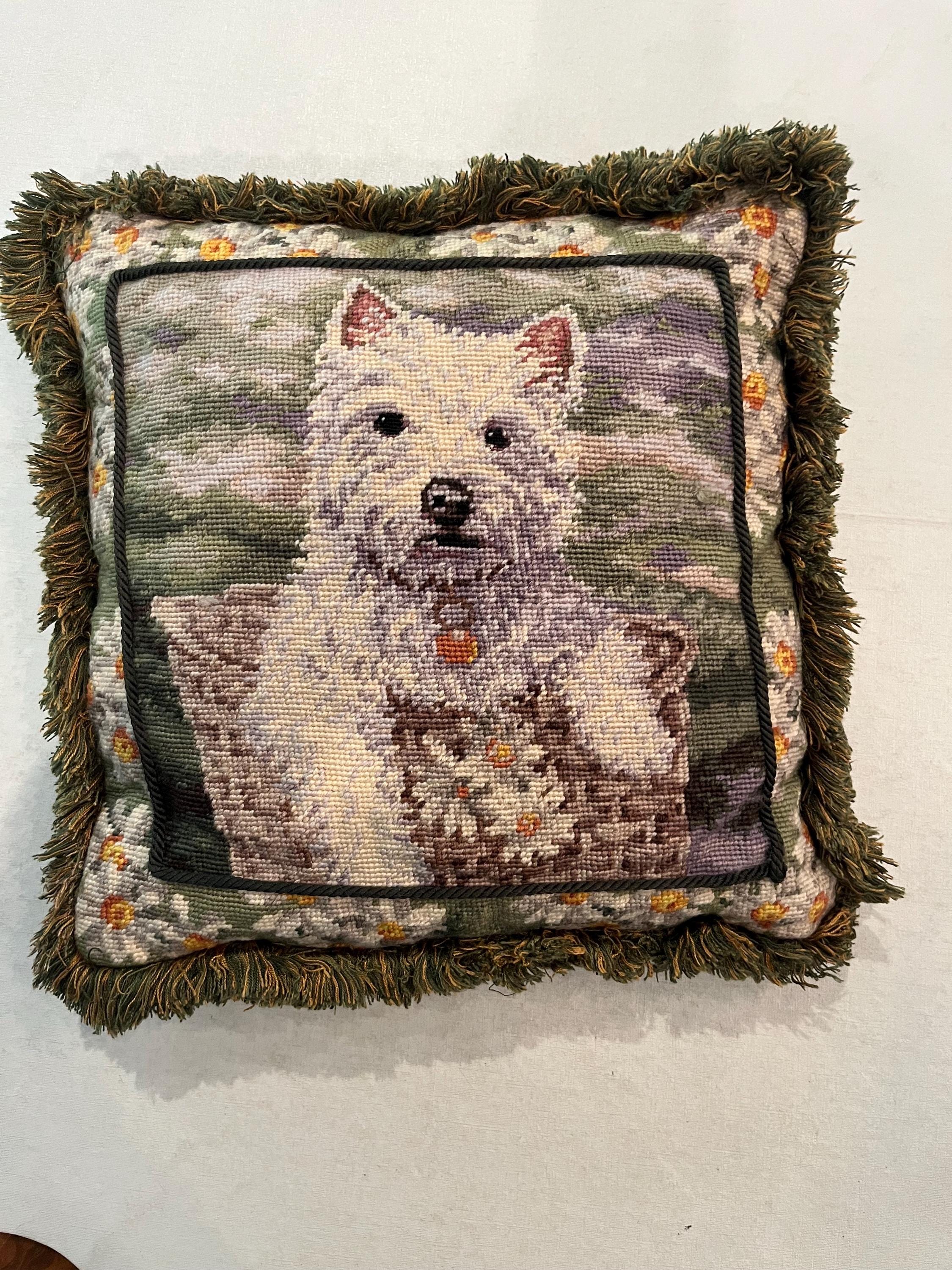 Vintage needlepoint Westie dog velvet backed Decorative fringe pillow. So cute!