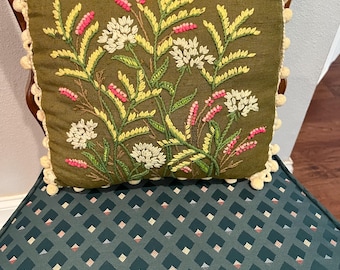 Vintage handmade crewel style embroidered wildflower pom pom  pillow.