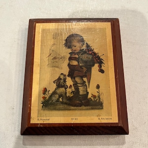 Small Vintage Hummel boy and dog wooden plaque. GUC!