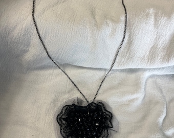 Vintage black faceted beaded tulle ruffle heart pendant necklace. So whimsigoth!