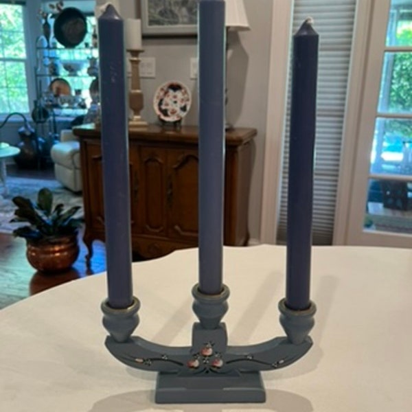 Vintage country blue wooden floral hand painted 3 candlestick candelabra. GUC!