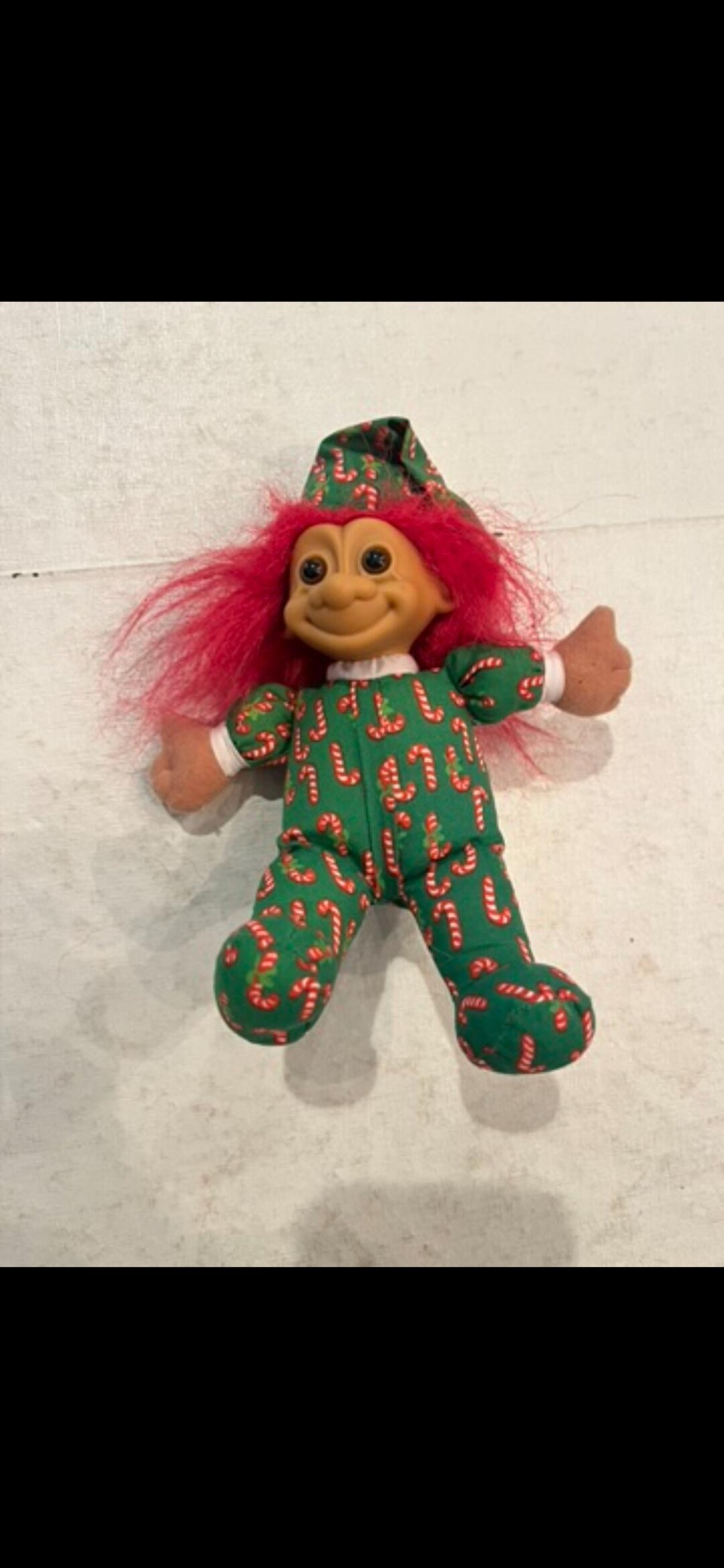 Vintage Russ Green Candy Cane Print Holiday Plush Troll. GUC