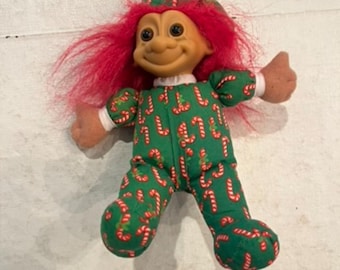 Vintage Russ Green Candy Cane Print Holiday Plush Troll. GUC