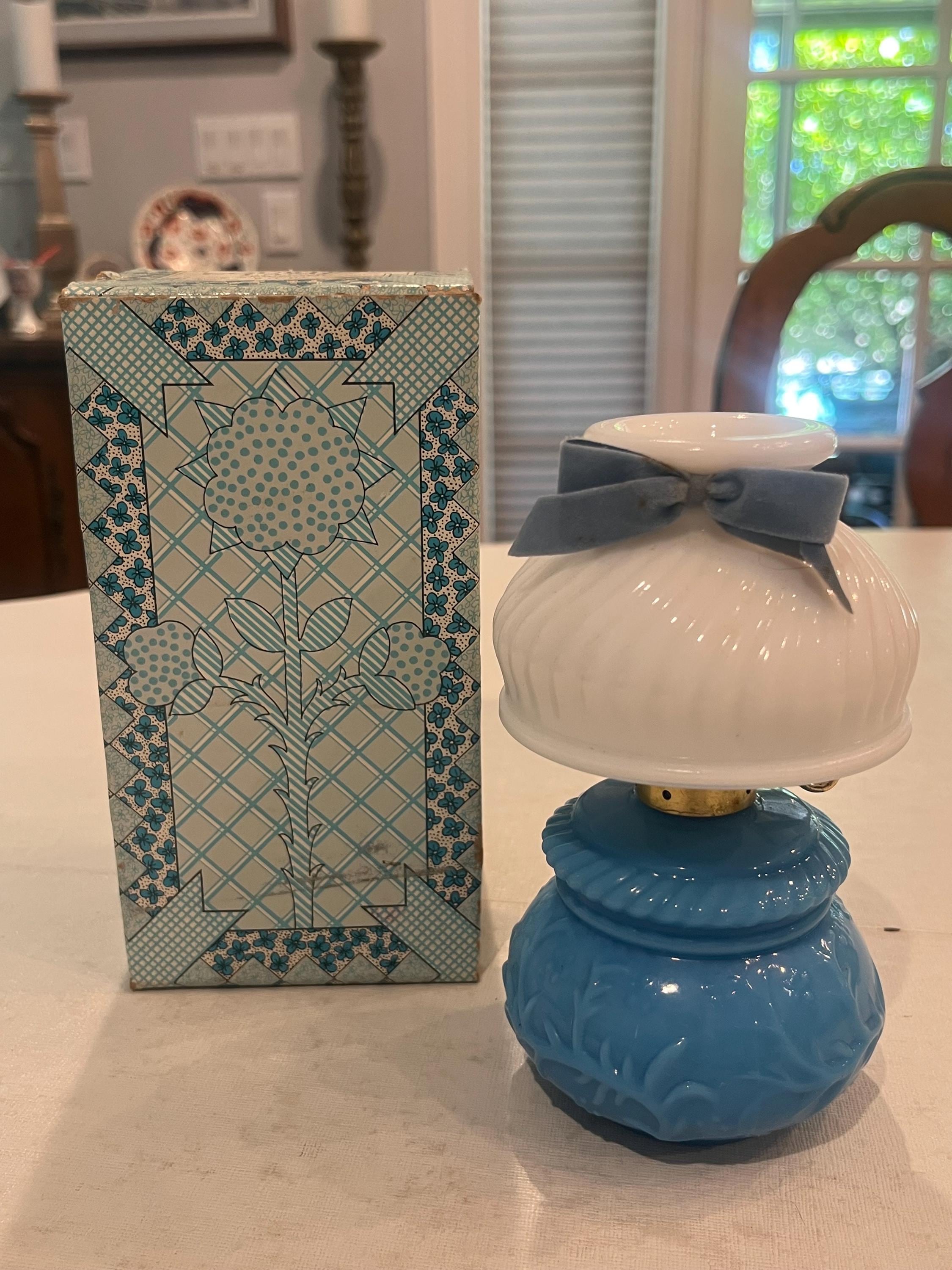Vintage 70s Avon Blue and White Decorative Perfume Courting Lamp