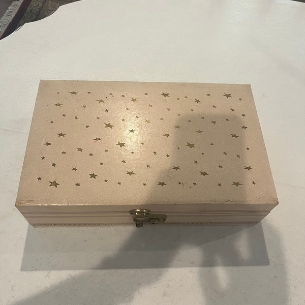 Amazing Mid century scattered gold star cream leatherette locking jewelry box.