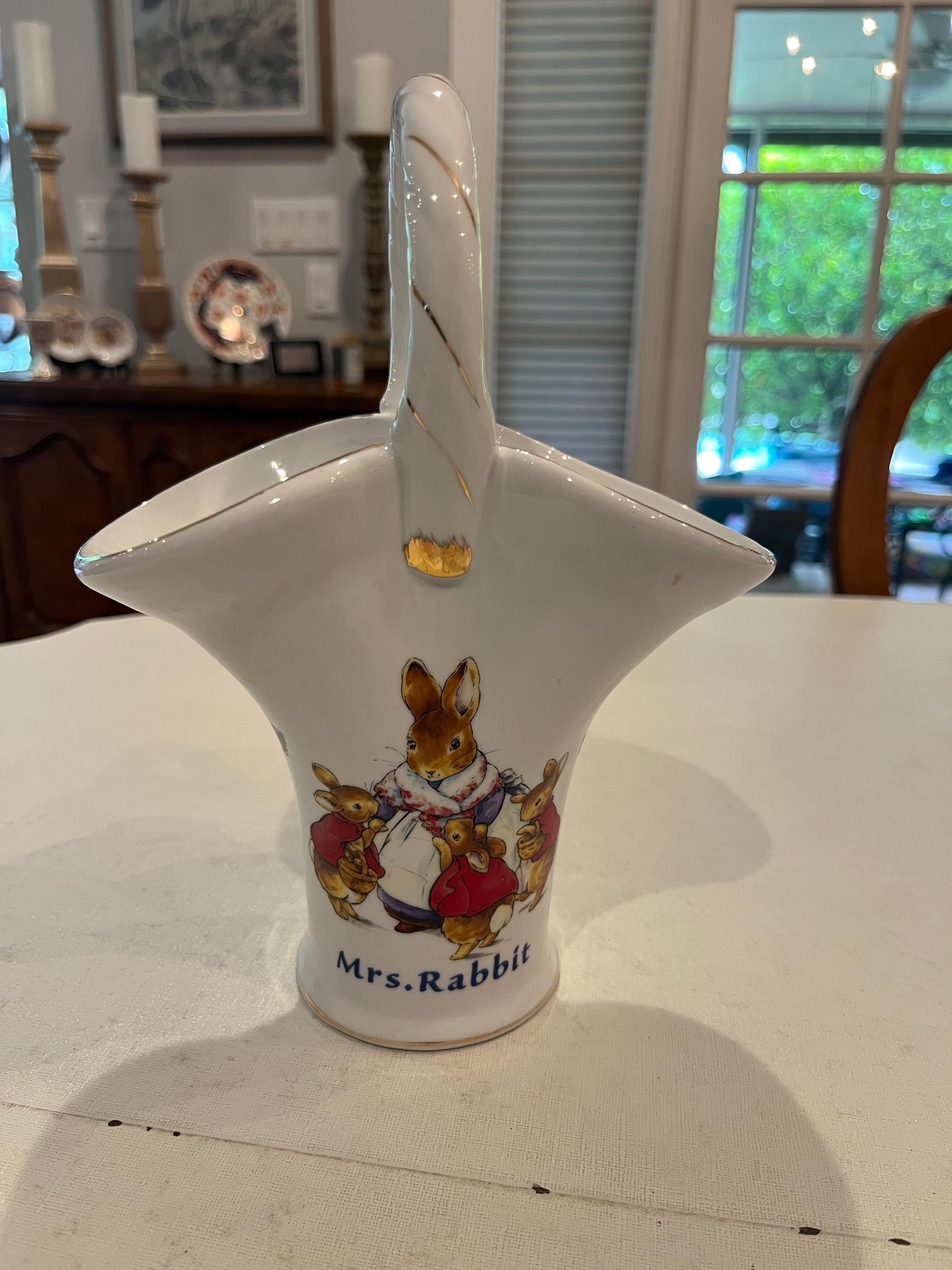Vintage Beatrix Potter Mrs. Rabbit Ceramic Style Basket Vase. so