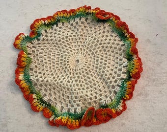 Vintage Handmade Crochet Round Doily with Orange, Green & Yellow Trim. Gorgeous!