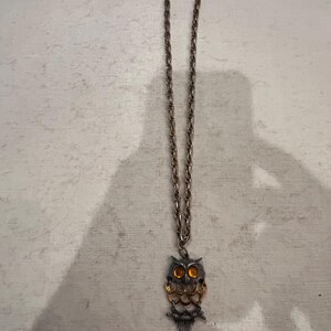 May include: A silver-toned owl pendant necklace. The owl has orange-colored eyes and a gold-colored chest. The necklace chain is a silver-toned rope style. The owl is perched on a branch.