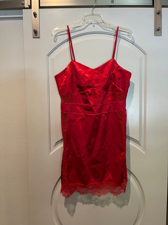 Vintage Hustler 90s style satin and lace lingerie style red dress. So vampy!