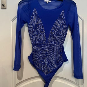 Vintage cobalt blue sheer mesh style bodysuit with gold dot design accents. GUC!