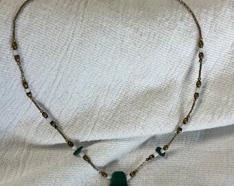 Vintage Green Malachite pendant and gold tone beaded necklace. GUC!