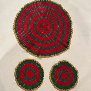 Vintage Red, green and gold hand crochet doily set. Set of 3. Gorgeous!!