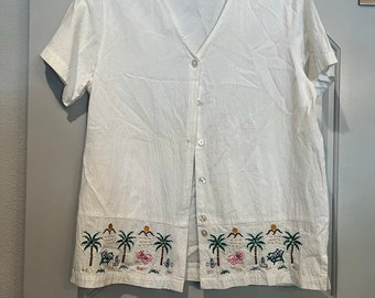 Vintage Magic white button down embroidered hem beachy scene top/ cover up. GUC!