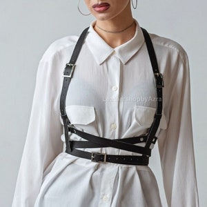 Real Leather Punk Harness Top Bra Belt Long Caged Skirted Dress