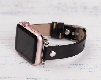 Black Thin iwatch Leather Band for Series SE & 7 6 5 4 3 2 1 Strap 40mm 38mm 44mm 42mm Apple bracelet Silver Button/Beaded custom slim women