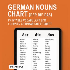Könnte beinhalten: Eine druckbare Tabelle mit deutschen Nomen, die nach Geschlecht kategorisiert sind. Die Tabelle trägt den Titel "German Nouns Chart (Der Die Das)" und enthält eine Liste von Wörtern in drei Spalten mit den Bezeichnungen "der", "die" und "das".