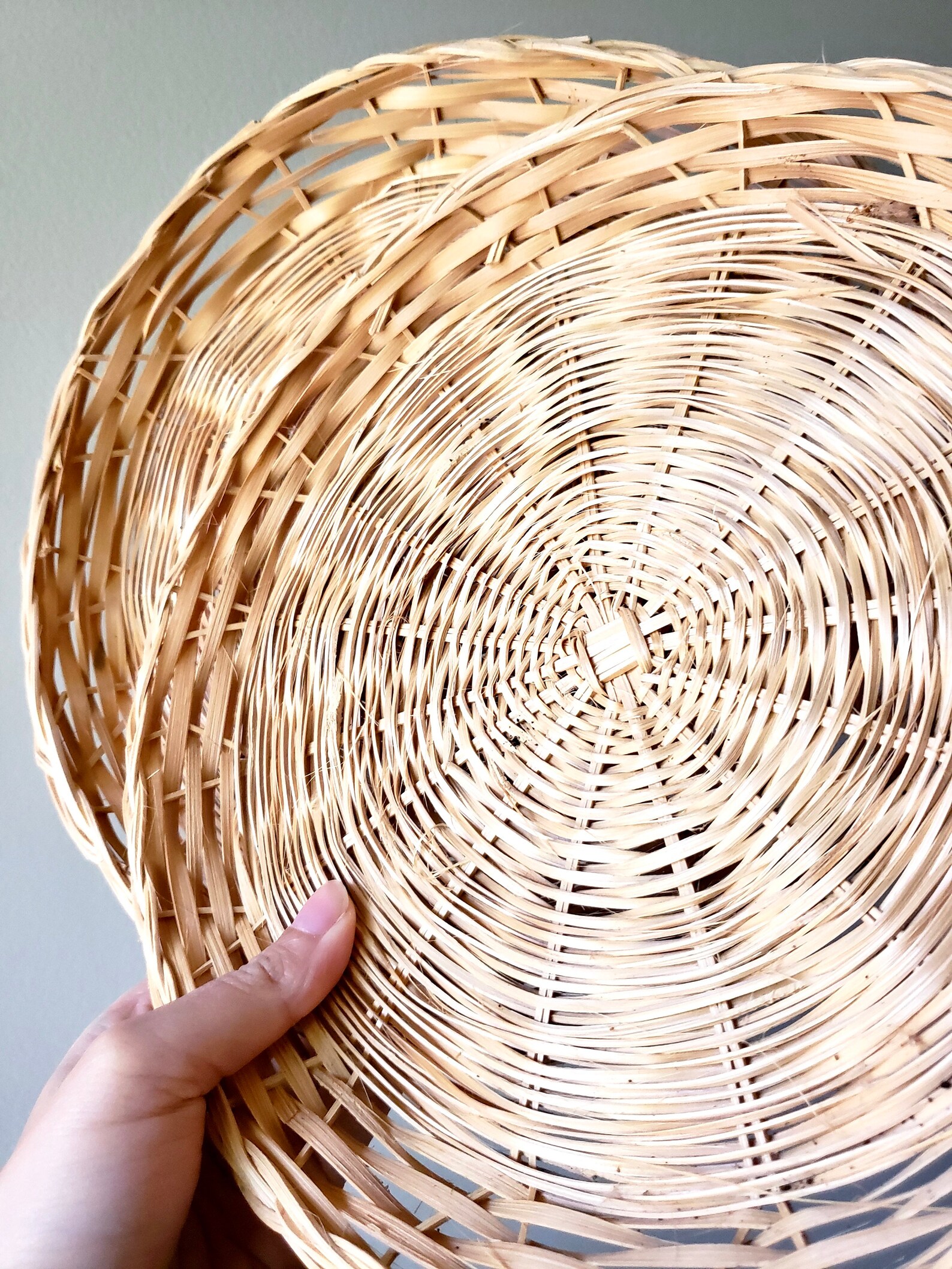 Vintage flat wicker basket round woven rattan basket boho Etsy