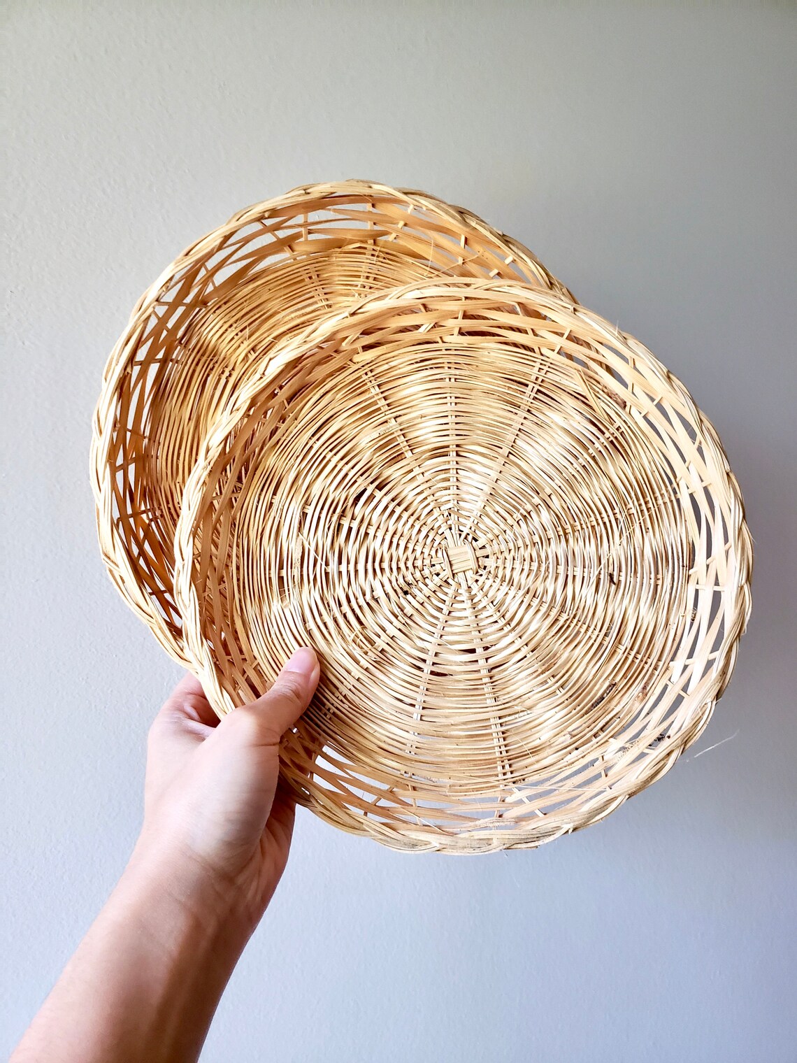Vintage flat wicker basket round woven rattan basket boho Etsy