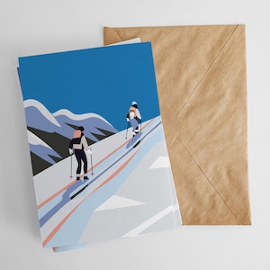 Postkarte SKIAUSFLUG, Familie Freunde Illustration, Schnee Berg Skianzug, Skiwandern, Papeterie, A6 Druck, Briefumschlag