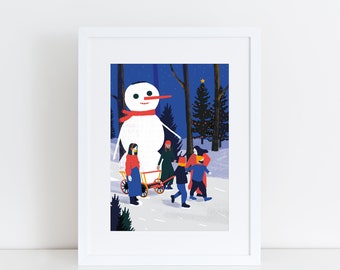May include: A framed print depicts a winter scene with a large snowman wearing a red scarf. Several figures are walking on a snowy path, some pulling a small cart. The background features trees and a starry night sky, evoking a festive atmosphere.