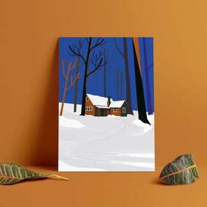 Carte postale SNOW HOUSE, illustration hivernale, maison forestière avec neige, papeterie, imprimé A6, enveloppe