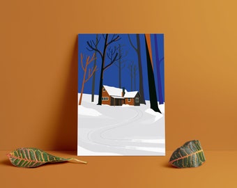 Cartolina CASA DI NEVE, illustrazione invernale, casa nella foresta con neve, cancelleria, stampa A6, busta