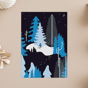 Postal NIÑOS EN LA NIEVE, ilustración infantil, paisaje invernal, papelería, impresión A6, sobre