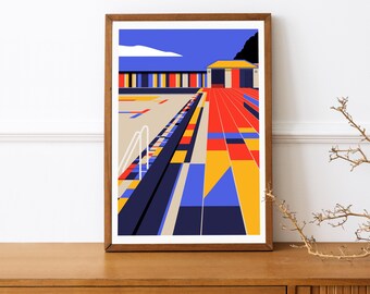 May include: Abstract geometric illustration of a colorful outdoor pool with a building in the background. The pool is lined with colorful tiles and the building has a red roof. The illustration is in a frame.