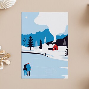 Carte postale INTO THE WOODS, enfants, forêt, paysage hivernal, enfants dans la neige, papeterie, imprimé A6, enveloppe
