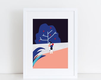 May include: A framed illustration of a person standing in front of a blue tree with red apples. The background is a dark blue and the ground is a light pink.