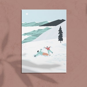 Cartão postal SNOW ANGEL, ilustração de amigos da família, traje de esqui de montanha de neve, papelaria, impressão A6, envelope