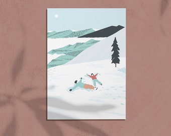 Postcard SNOW ANGEL, family friends illustration, snow mountain ski suit, stationery, A6 print, envelope