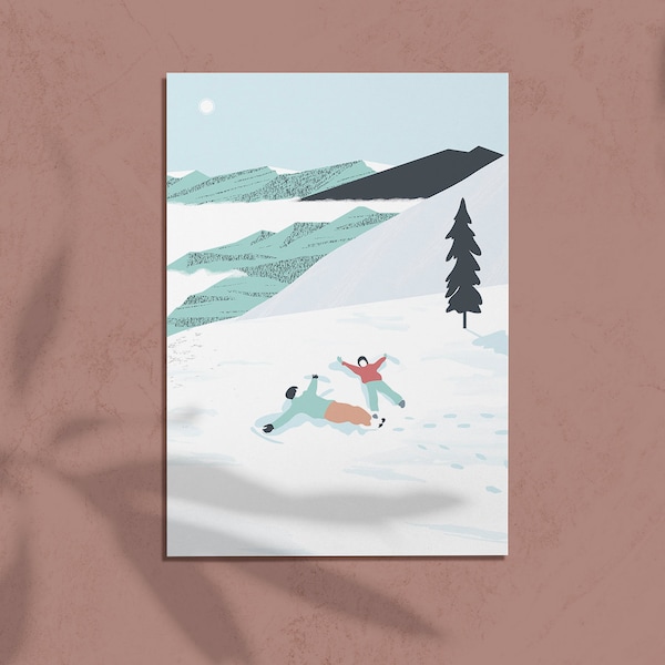 Postkarte SCHNEEENGEL, Familie Freunde Illustration, Schnee Berg Skianzug, Papeterie, A6 Druck, Briefumschlag