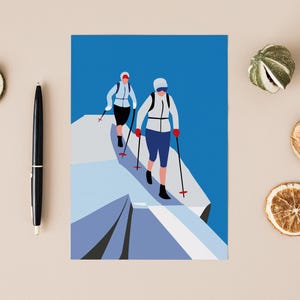 Postkarte AM BERG, Familie Freunde Illustration, Schnee Berg Skianzug, Schneewandern, Papeterie, A6 Druck, Briefumschlag