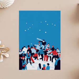 Postkarte DIE SCHLACHT, Familie Freunde Illustration, Schnee Berg Skianzug, Schneeballschlacht, Papeterie, A6 Druck, Briefumschlag