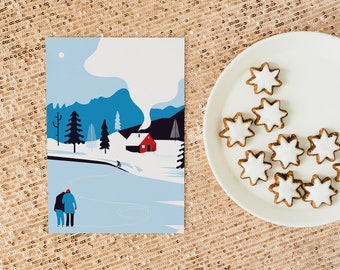 Postcard INTO THE WOODS, Children, Forest, Winter landscape, Children in the snow, Stationery, A6 print, Envelope