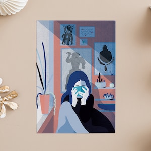 Postkarte SUNDAY, Frau Illustration, Zuhause Tee trinken, Papeterie, A6 Druck, Briefumschlag