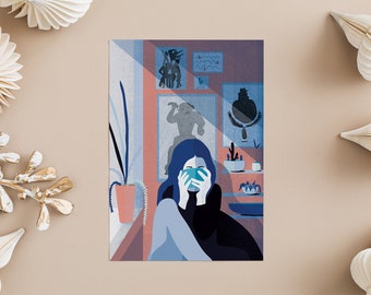 Postcard SUNDAY, woman illustration, drink tea at home, stationery, A6 print, envelope