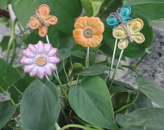 Flowers & Butterfly Pewter Plant Stakes in Vibrant Colors